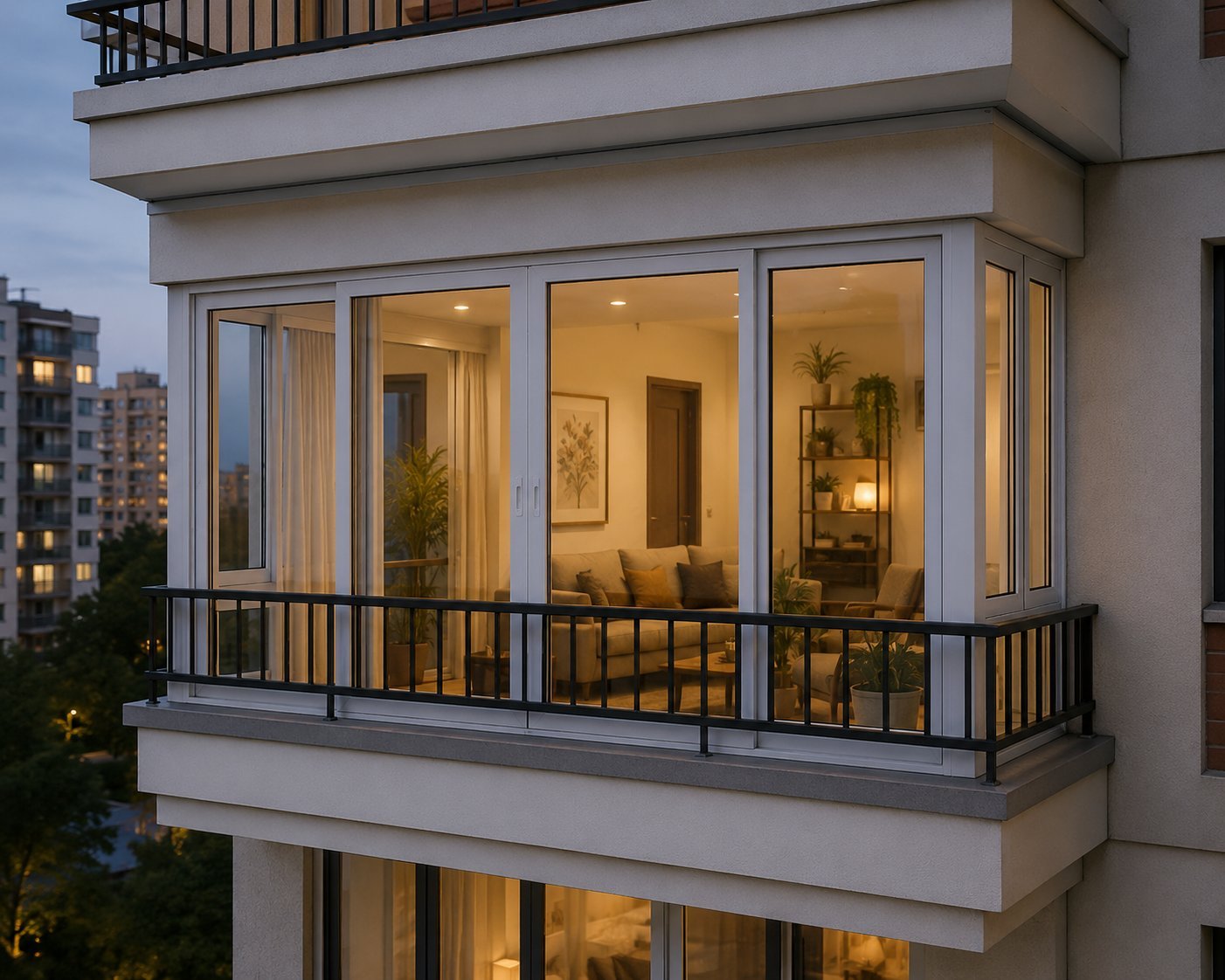 Apartment balcony enclosed with full-height UPVC glazing at dusk