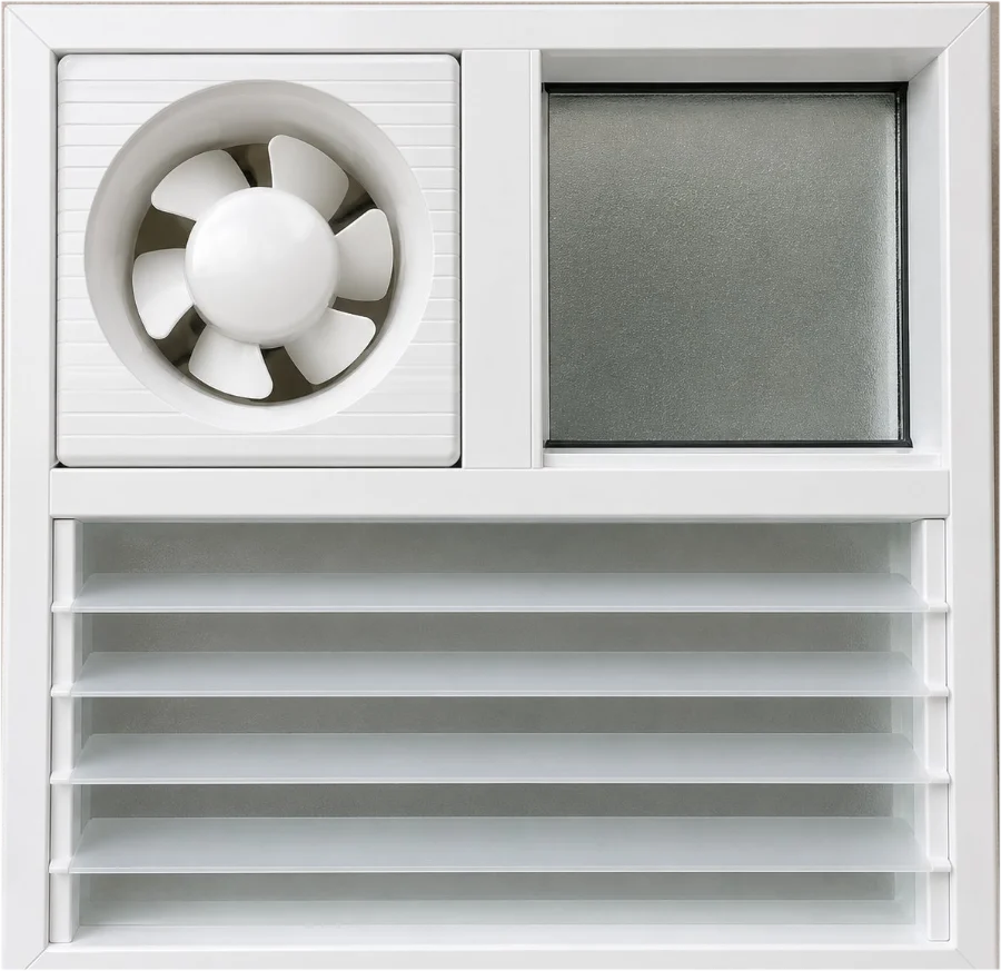 White UPVC bathroom ventilator with an exhaust fan opening, frosted glass and a louvre panel