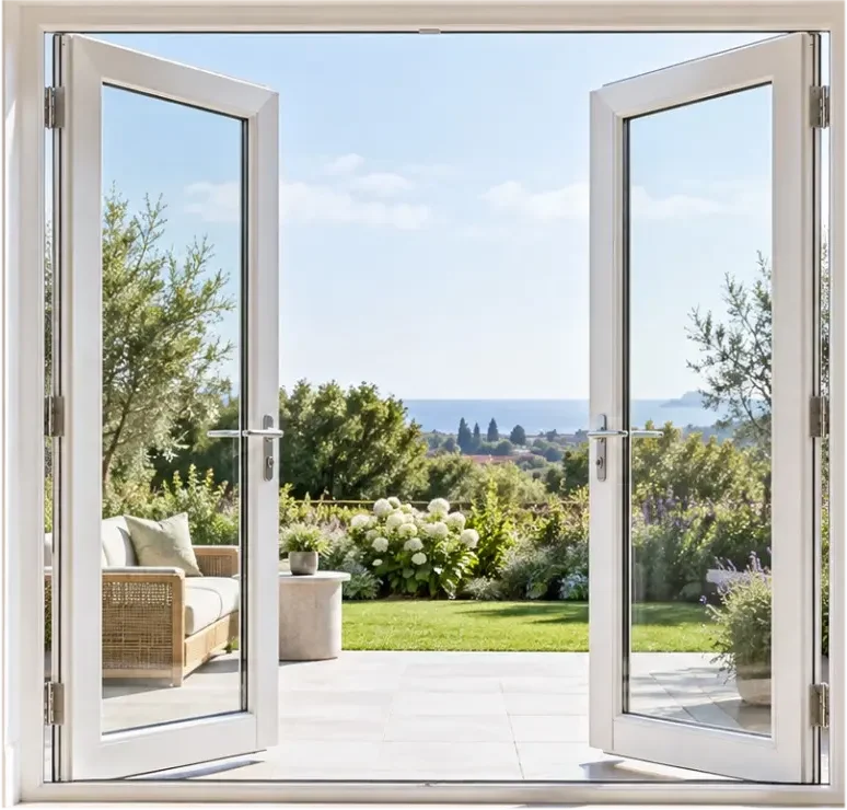 White UPVC French doors open wide from a living room onto a garden patio