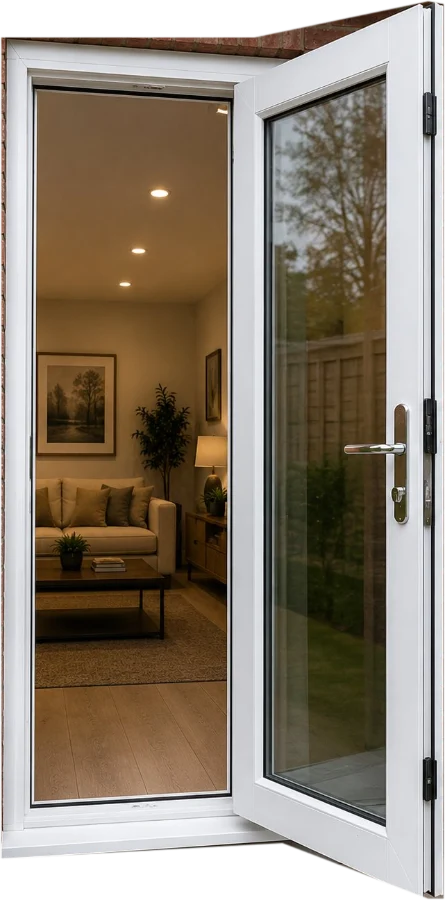 White UPVC single door with full-length glass, open at a brick-walled entrance