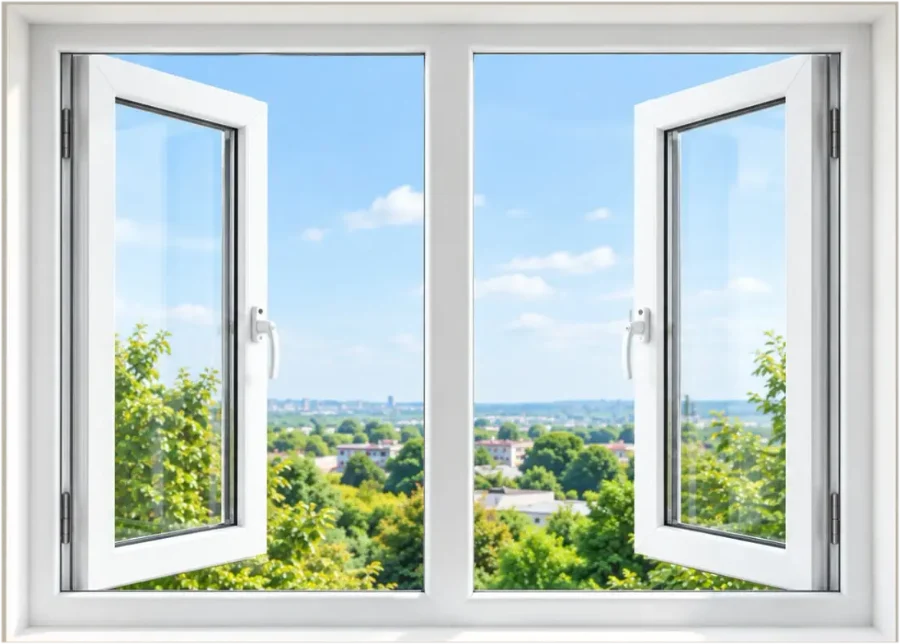 White UPVC casement window with both sashes open onto a green view