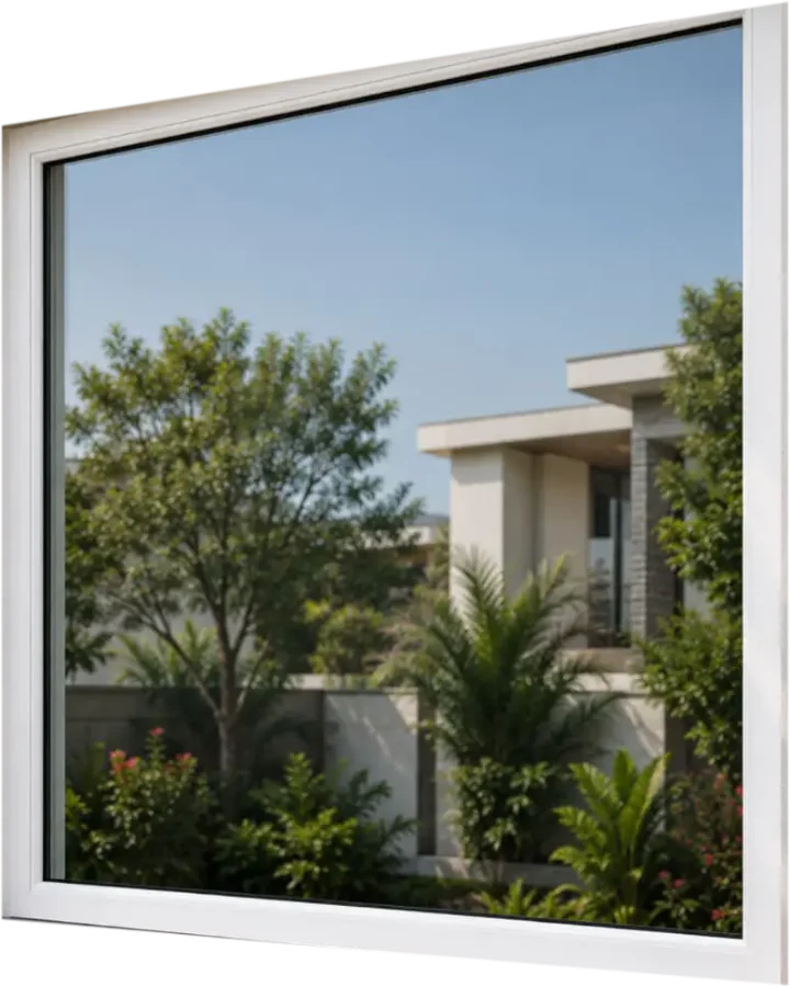 Large white UPVC fixed picture window reflecting a garden