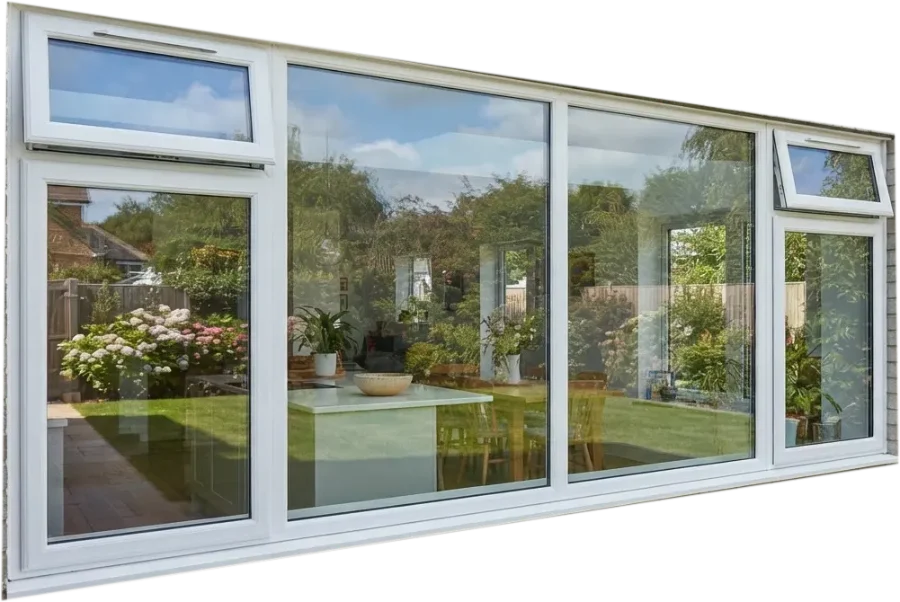 White UPVC top-hung vents above large fixed panes on a brick home extension