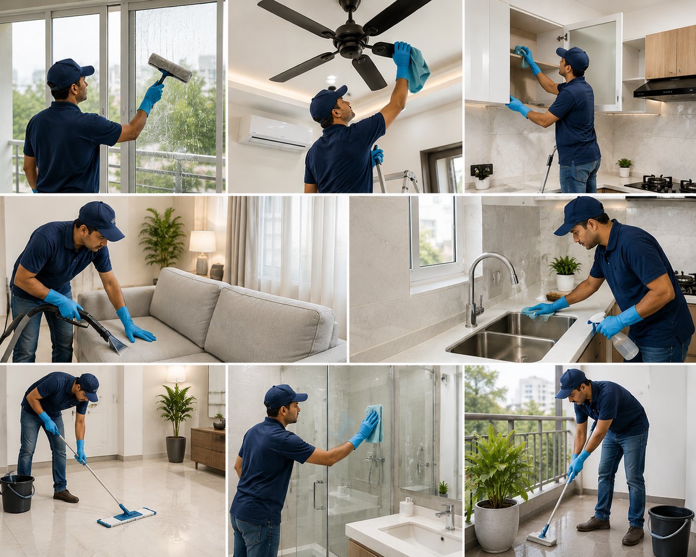 Cleaning staff in uniform cleaning windows, a ceiling fan, a kitchen and a bathroom
