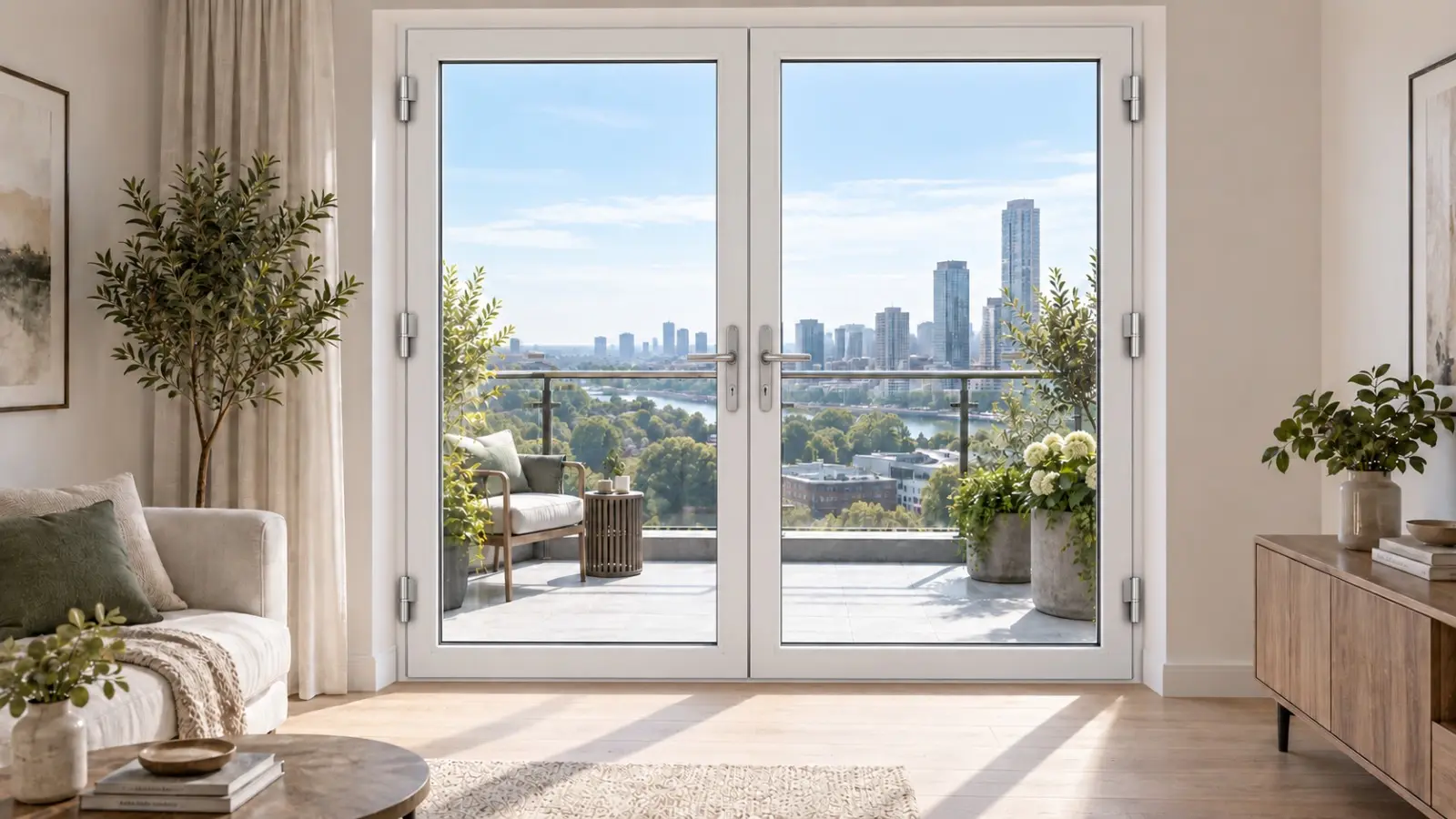 White UPVC French doors closed, looking out to a balcony and city skyline