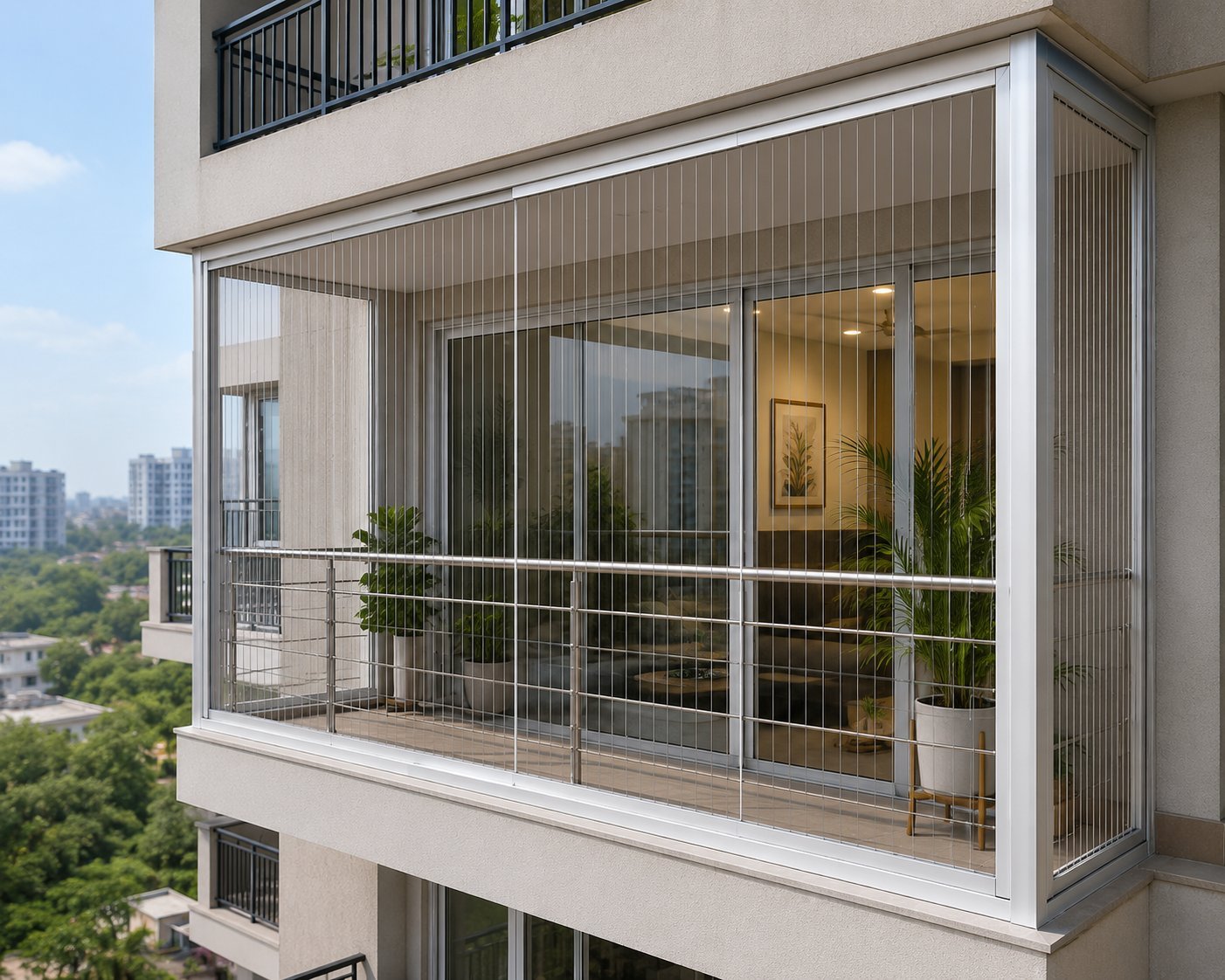 Apartment balcony fitted with thin stainless steel invisible grill cables