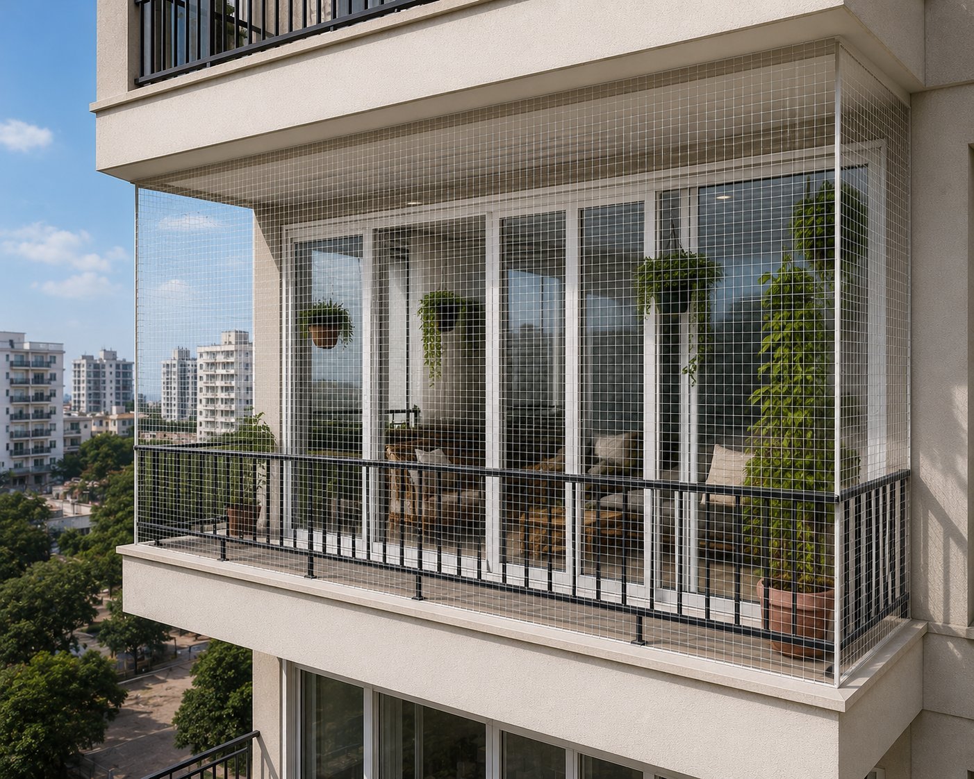 Apartment balcony covered with fine bird netting