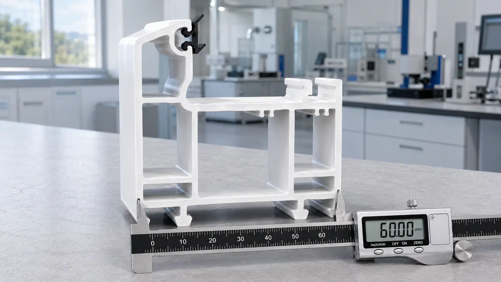 Cut section of a 60 mm white UPVC casement profile measured with a digital caliper