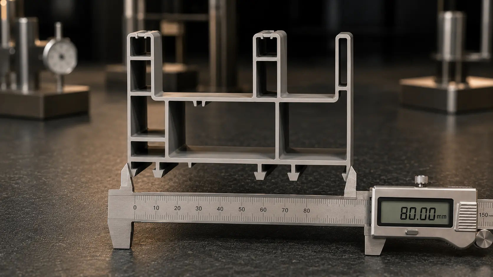 Cut section of an 80 mm grey UPVC sliding frame measured with a digital caliper