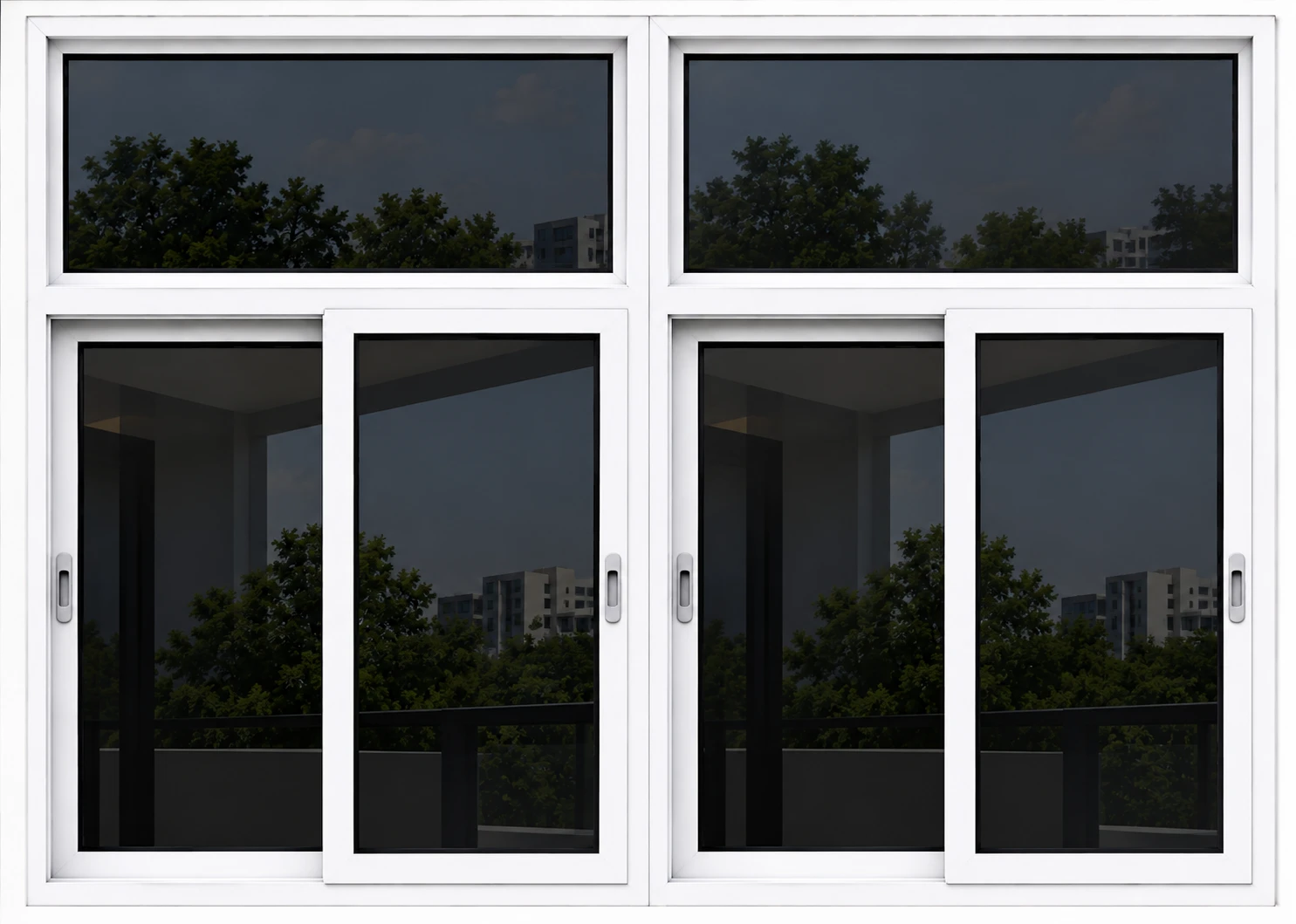 Pair of white UPVC sliding windows with fixed top panels and dark tinted glass